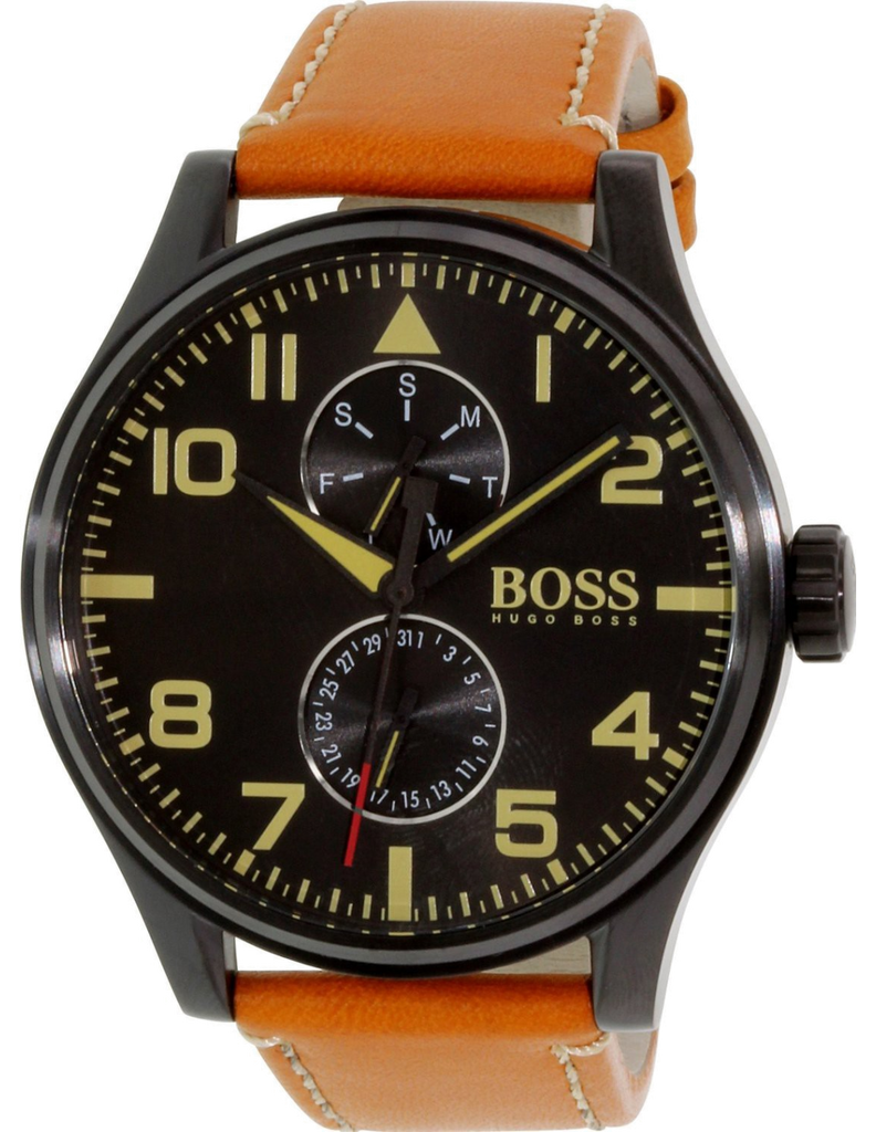 Hugo Boss Aeroliner Maxx Chronograph Black Dial Brown Leather Strap Watch For Men - HB1513082