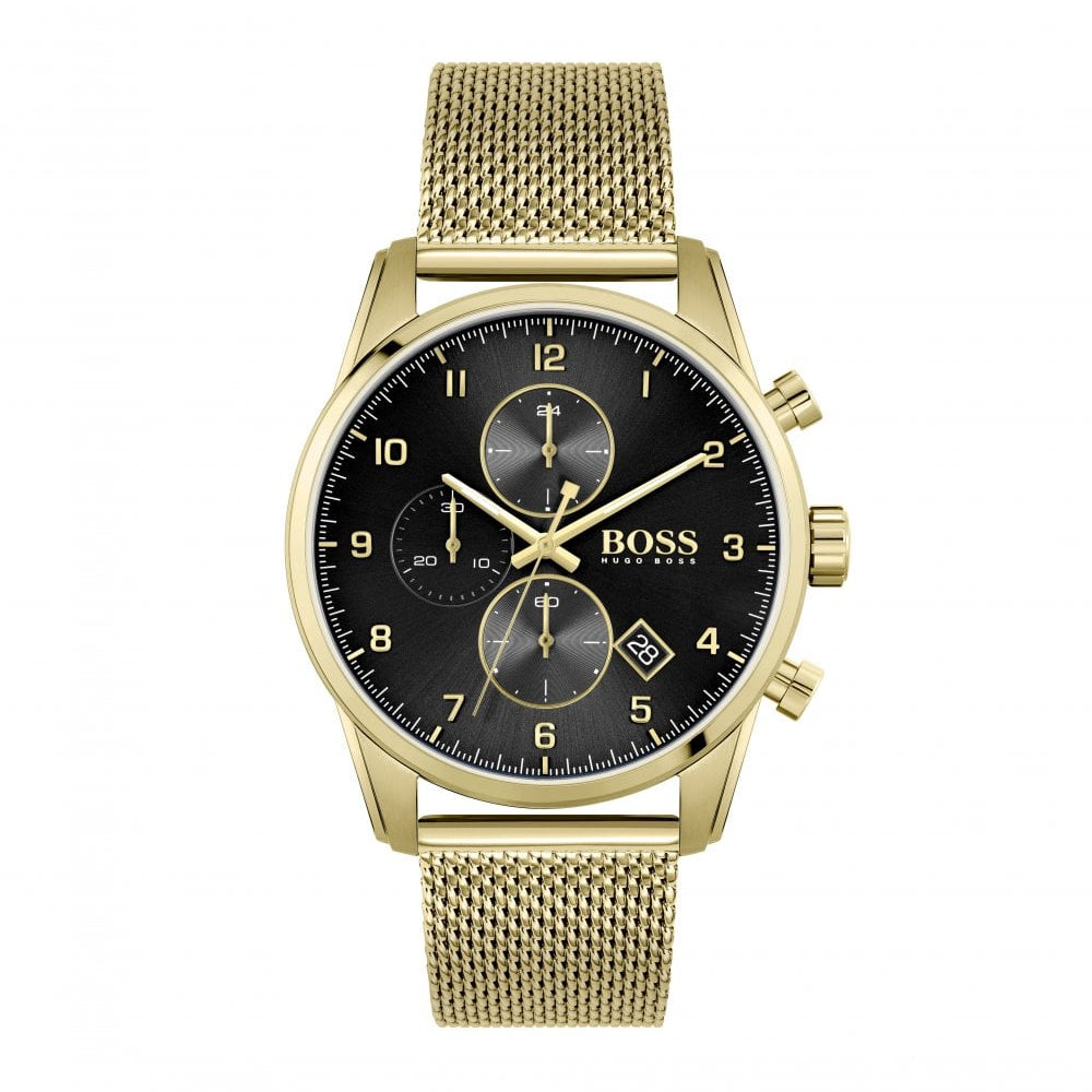 Hugo Boss Skymaster Black Dial Gold Mesh Bracelet Watch for Men - 1513838