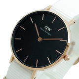 Daniel Wellington Classic Petite Dover Black Dial White NATO Strap Watch For Women - DW00100312