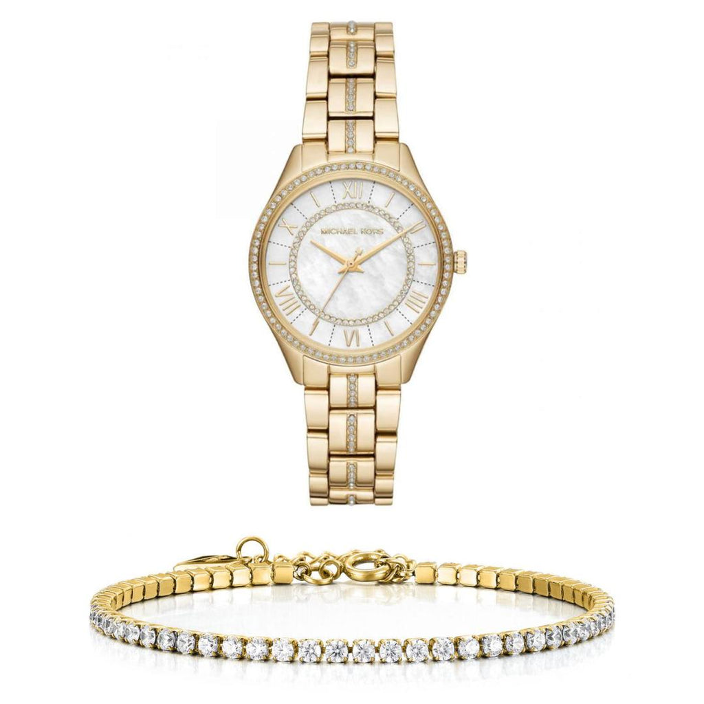Michael Kors Lauryn Mother of Pearl White Dial Gold Steel Strap Watch for Women - MK3899