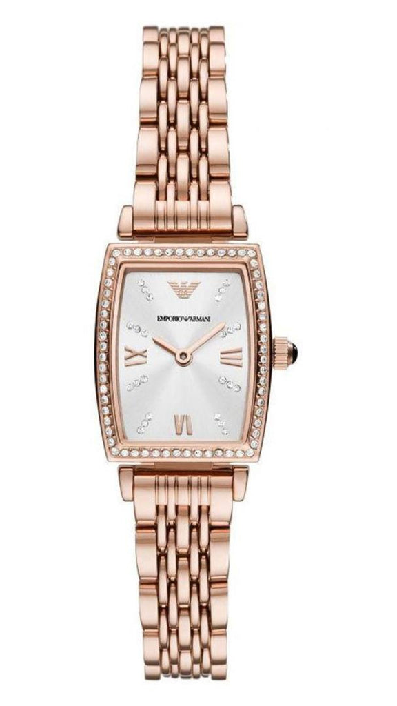 Emporio Armani Gianni T Bar Quartz Crystals White Dial Rose Gold Steel Strap Watch For Women - AR11406