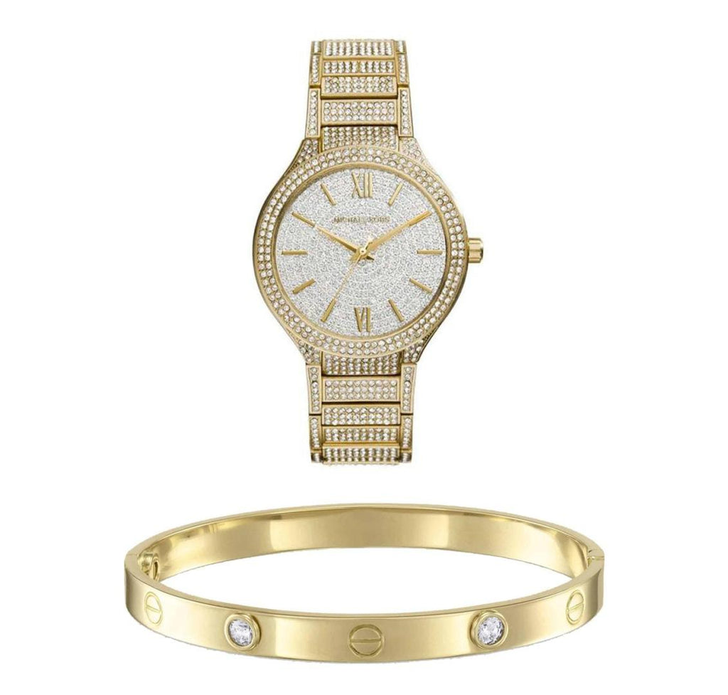 Michael Kors Kerry Crystals Gold Dial Gold Steel Strap Watch For Women - MK3360