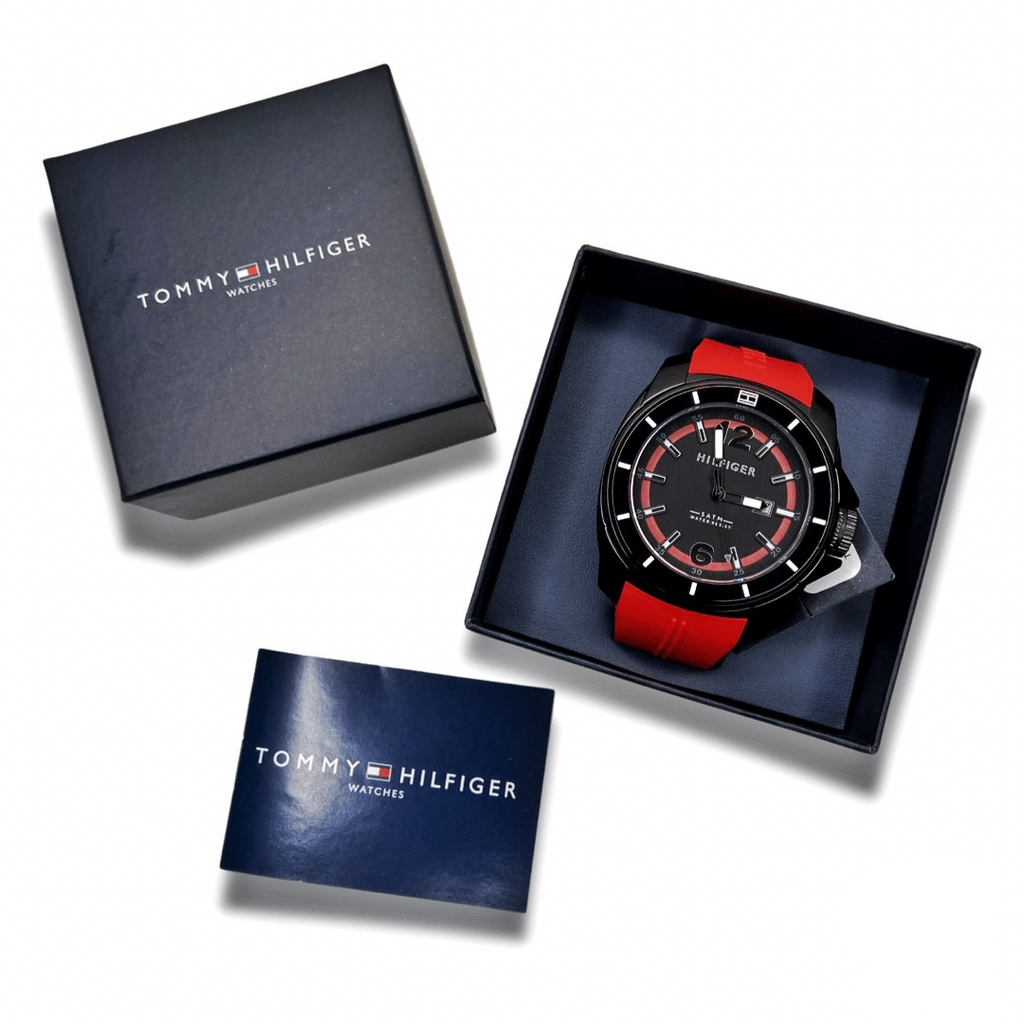 Tommy Hilfiger Windsurf Black Dial Red Rubber Strap Watch for Men - 1791112