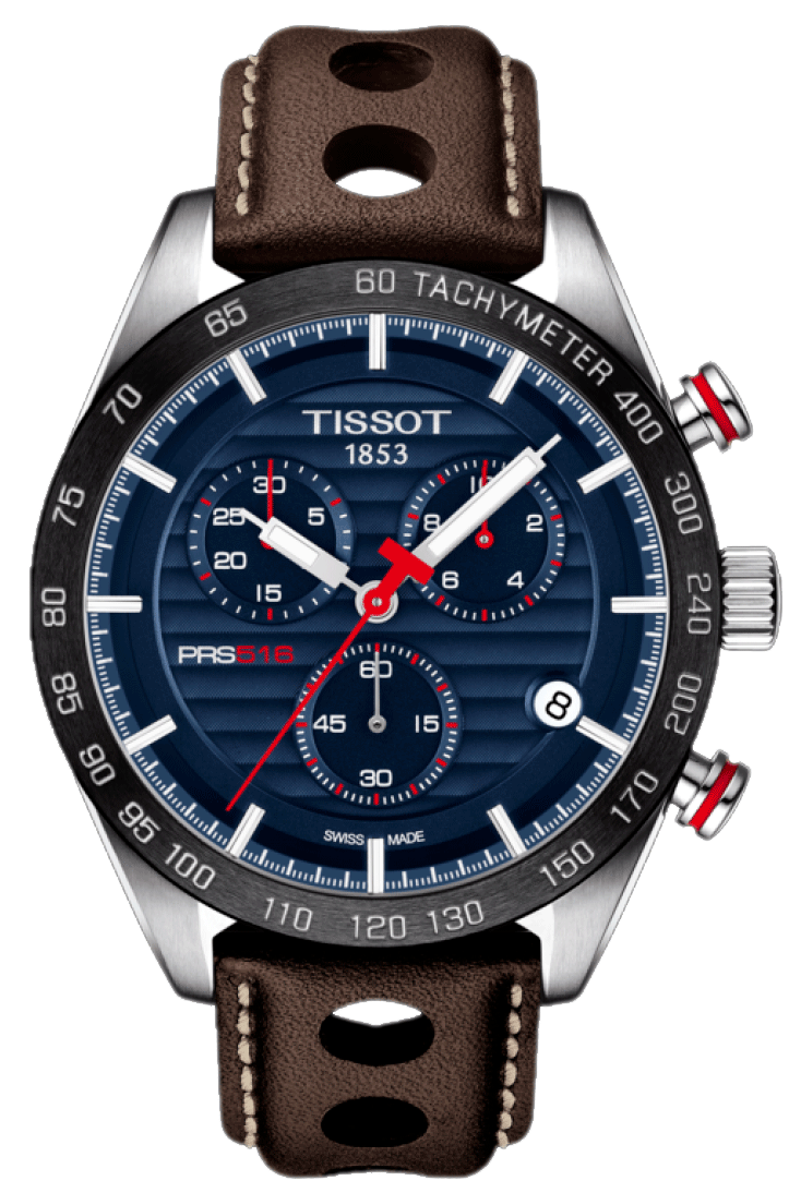 Tissot PRS 516 Chronograph Blue Dial Brown Leather Strap Watch For Men