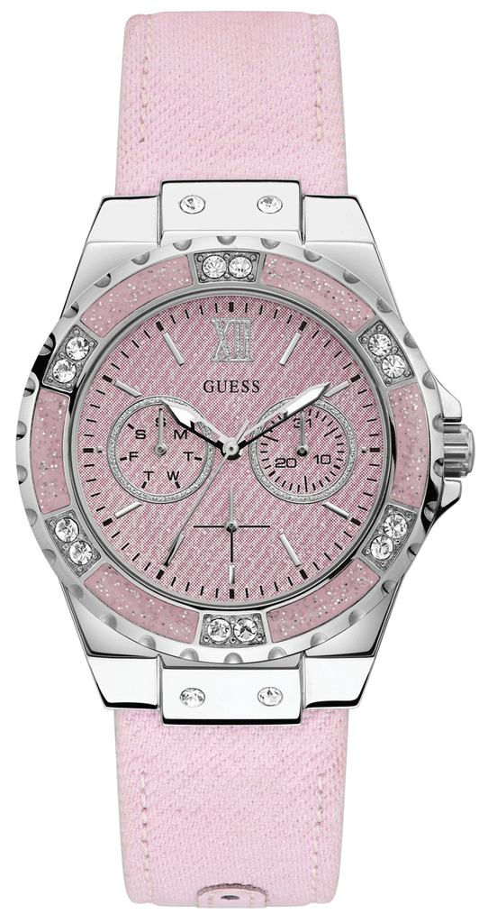 Guess Limelight Quartz Diamonds Pink Dial Pink Denim Strap Watch For Women - W0775l15