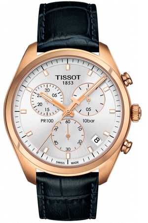 Tissot T Classic PR 100 Chronograph Silver Dial Black Leather Strap Watch for Men - T101.417.36.031.00