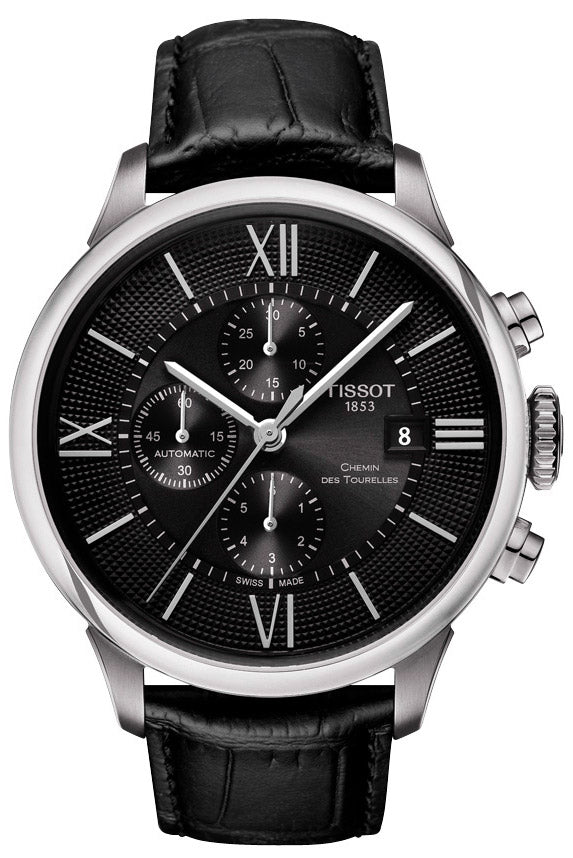 Tissot T Classic Chemin Des Tourelles Chronograph Black Dial Black Leather Strap Watch For Men - T099.427.16.058.00