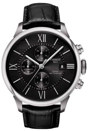 Tissot T Classic Chemin Des Tourelles Chronograph Black Dial Black Leather Strap Watch For Men - T099.427.16.058.00
