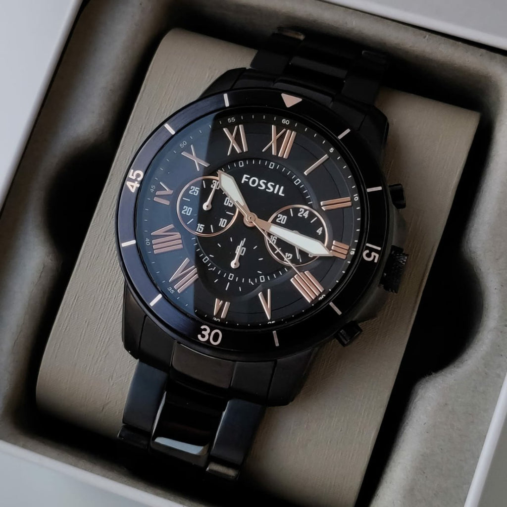 Fossil Grant Sport Chronograph Black Dial Black Steel Strap Watch for Men - FS5374