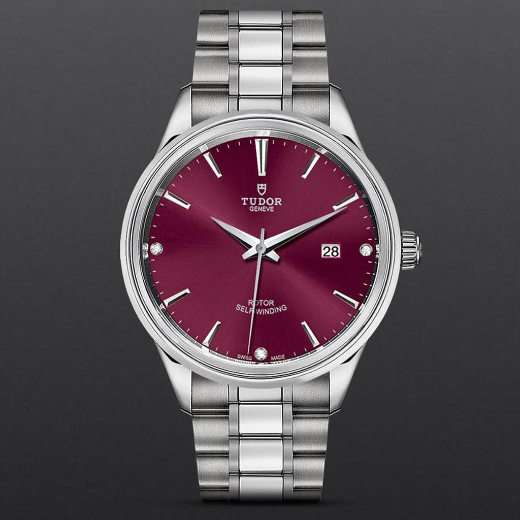 Tudor Style Automatic Burgundy Red Dial Silver Steel Strap Watch for Men - M12710-0015