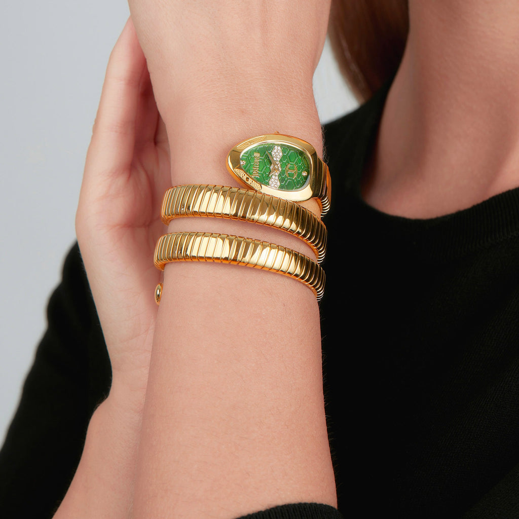 Just Cavalli Cosenza Green Dial Gold Steel Strap Watch for Women - JC1L232M0035
