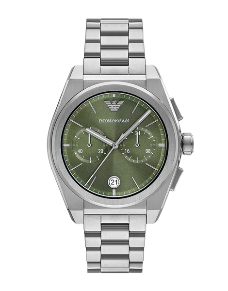 Emporio Armani Federico Chronograph Green Dial Silver Steel Strap Watch for Men - AR11640