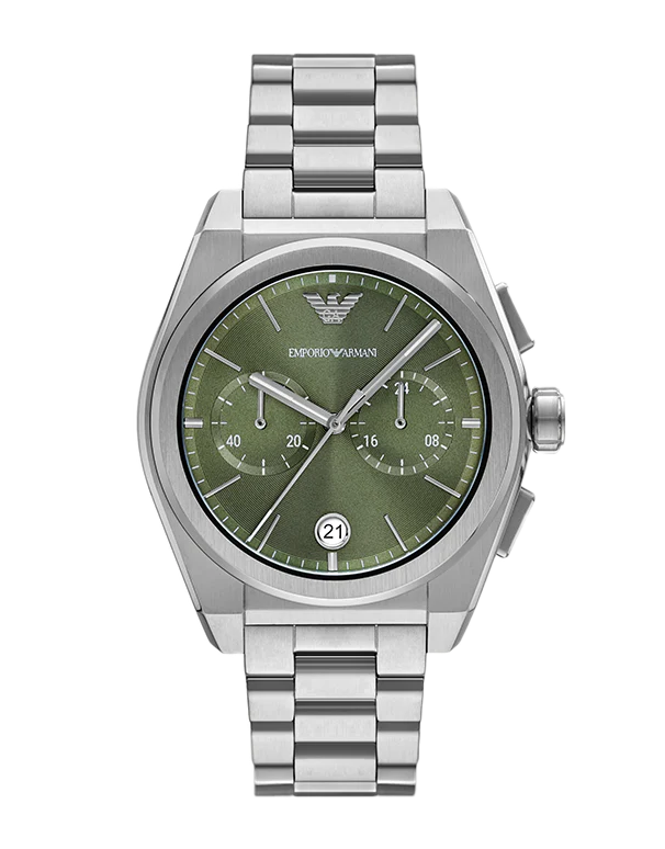 Emporio Armani Federico Chronograph Green Dial Silver Steel Strap Watch for Men - AR11640