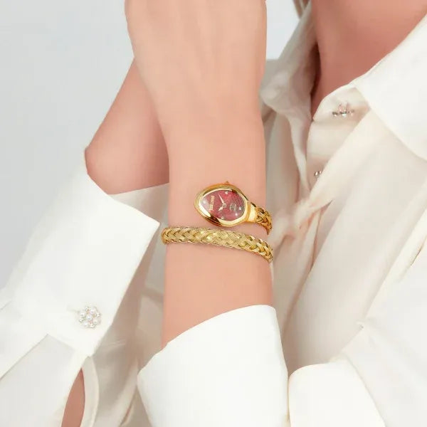 Just Cavalli Novara Red Dial Gold Steel Strap Watch for Women - JC1L264M0035