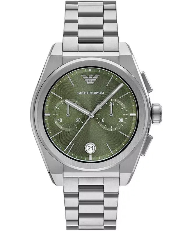 Emporio Armani Federico Chronograph Green Dial Silver Steel Strap Watch for Men - AR11640