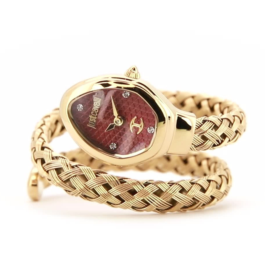 Just Cavalli Novara Red Dial Gold Steel Strap Watch for Women - JC1L264M0035