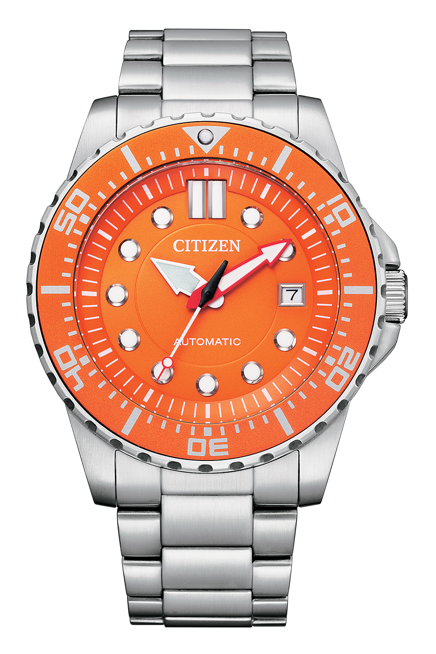 Citizen Mechanical Automatic Orange Dial Silver Steel Strap Watch for