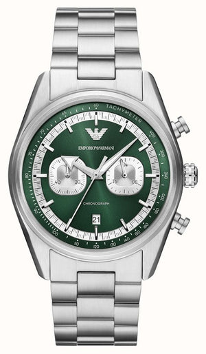 Emporio Armani Racer Chronograph Green Dial Silver Steel Strap Watch for Men - AR11637