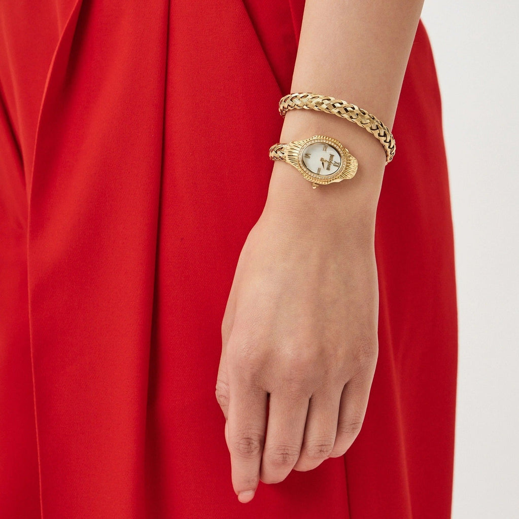 Just Cavalli Twined Mother of Pearl Dial Gold Steel Strap Watch for Women - JC1L305M0025