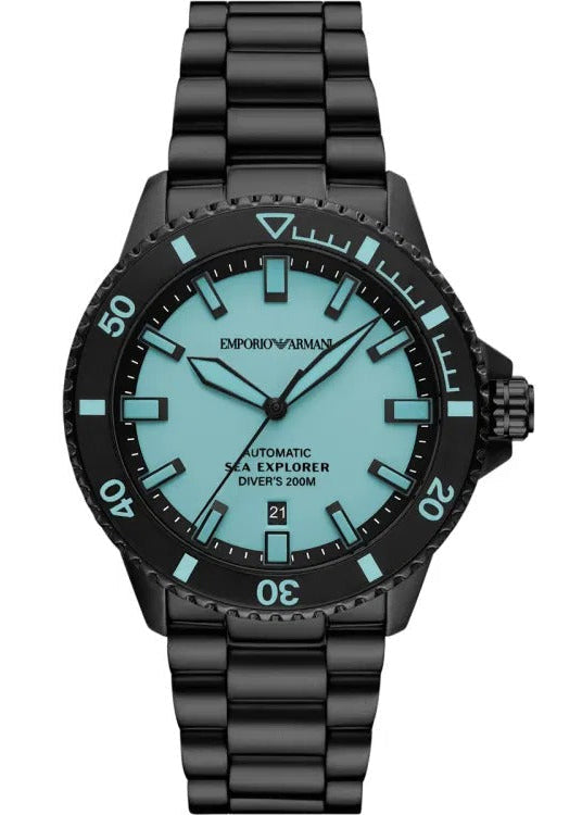 Emporio Armani Sea Explorer Turquoise Blue Dial Black Steel Strap Watc