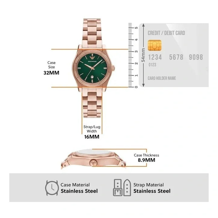 Emporio Armani Federica Analog Green Dial Rose Gold Steel Strap Watch for Women - AR11639