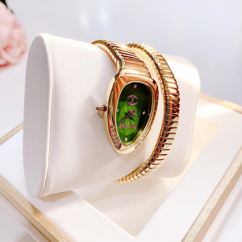 Just Cavalli Serpente Metallica Green Dial Gold Steel Strap Watch for Women - JC1L208M0045