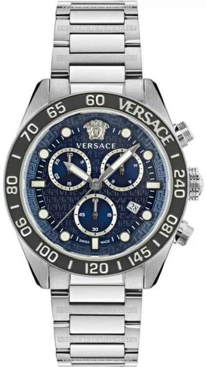 Versace Greca Dome Chronograph Blue Dial Silver Steel Strap Watch for Men - VE6K00323