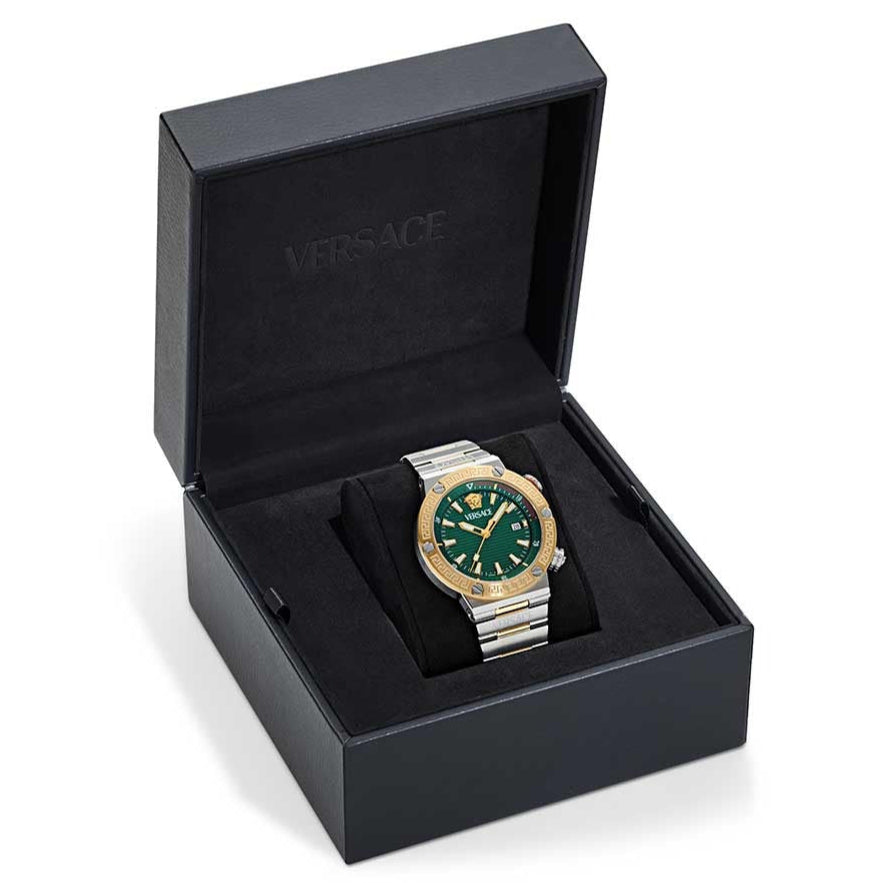 Versace Greca Logo Diver Quartz Green Dial Two Tone Steel Strap Watch for Men - VE8G00524