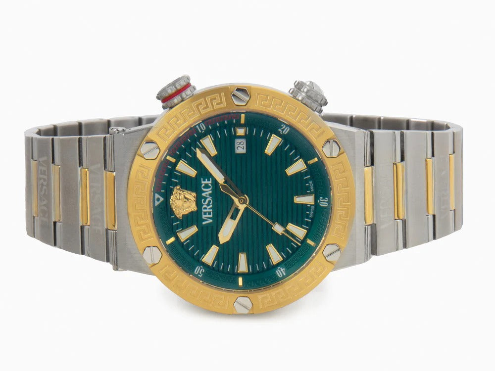 Versace Greca Logo Diver Quartz Green Dial Two Tone Steel Strap Watch for Men - VE8G00524