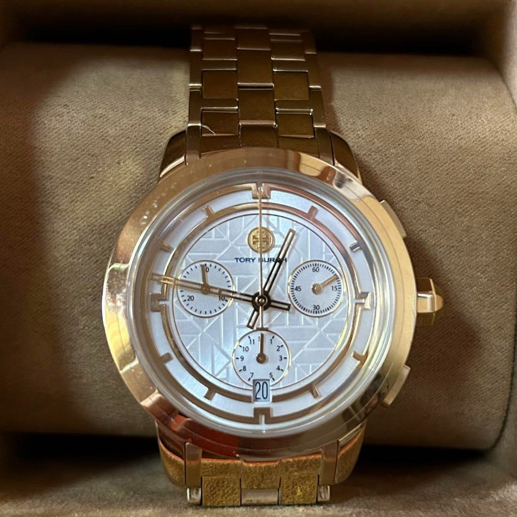 Tory Burch Classic Chronograph White Dial Gold Steel Strap Watch for Women - TBW1032