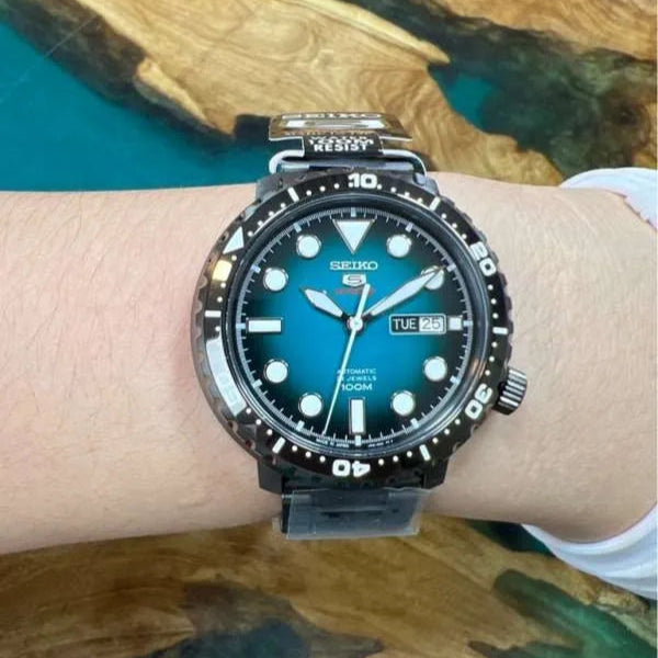 Seiko 5 Sports Automatic Turquoise Dial Grey Steel Strap Watch for Men - SRPC65J1