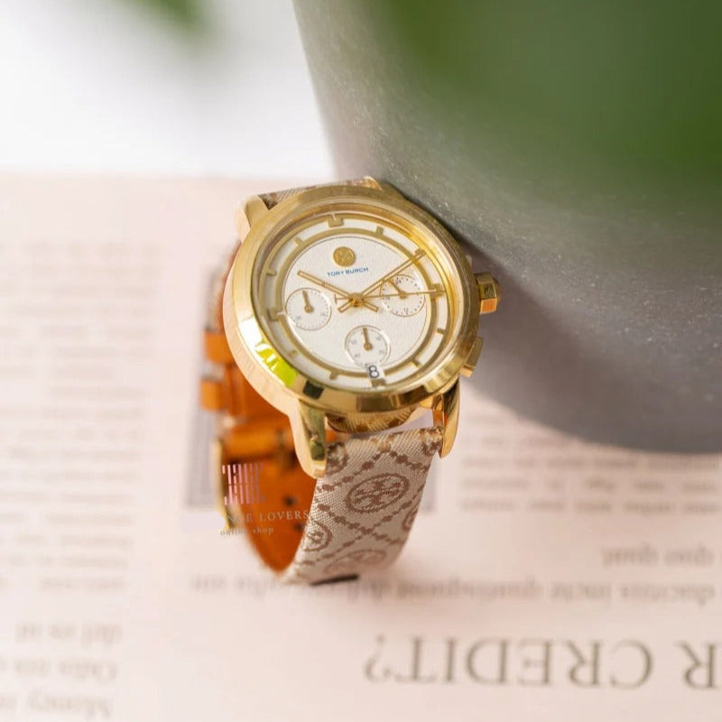 Tory Burch The Tory Chronograph White Dial Maroon Jacquard Strap Watch for Women - TBW1050