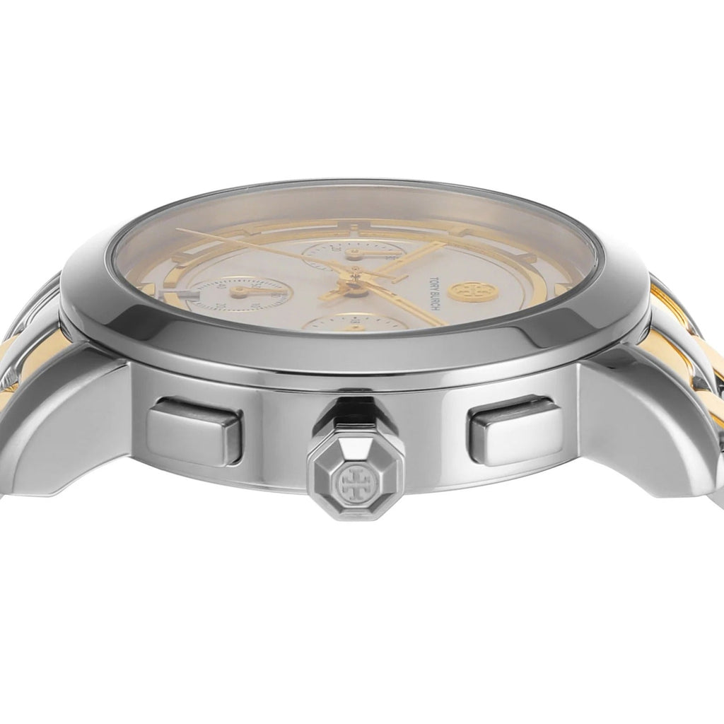 Tory Burch The Tory Chronograph White Dial Two Tone Steel Strap Watch for Women - TBW1052