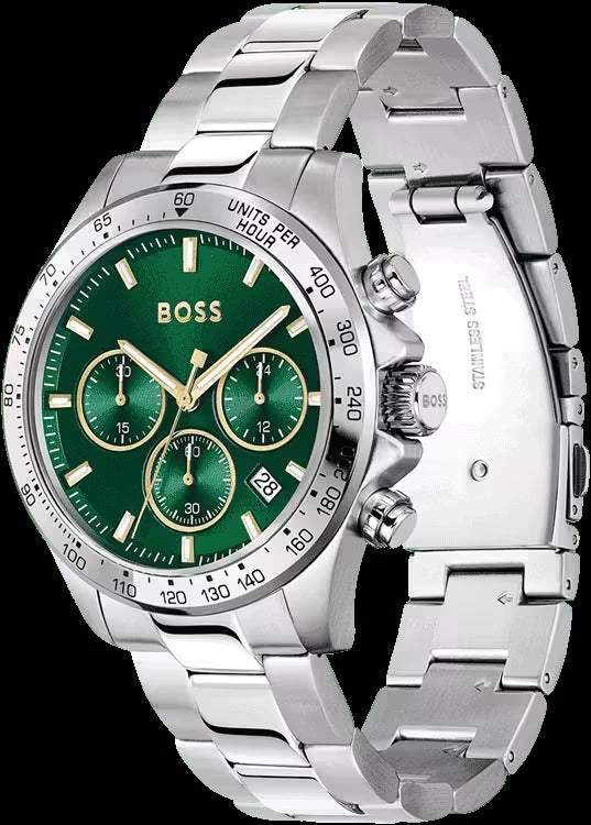 Hugo Boss Hero Chronograph Green Dial Silver Steel Strap Watch for Men - 1514217