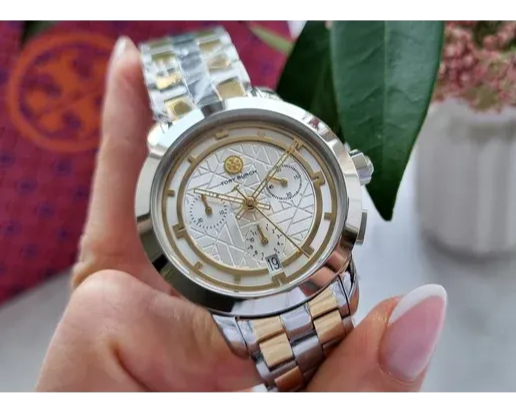 Tory Burch Classic Chronograph White Dial Two Tone Steel Strap Watch for Women - TBW1034