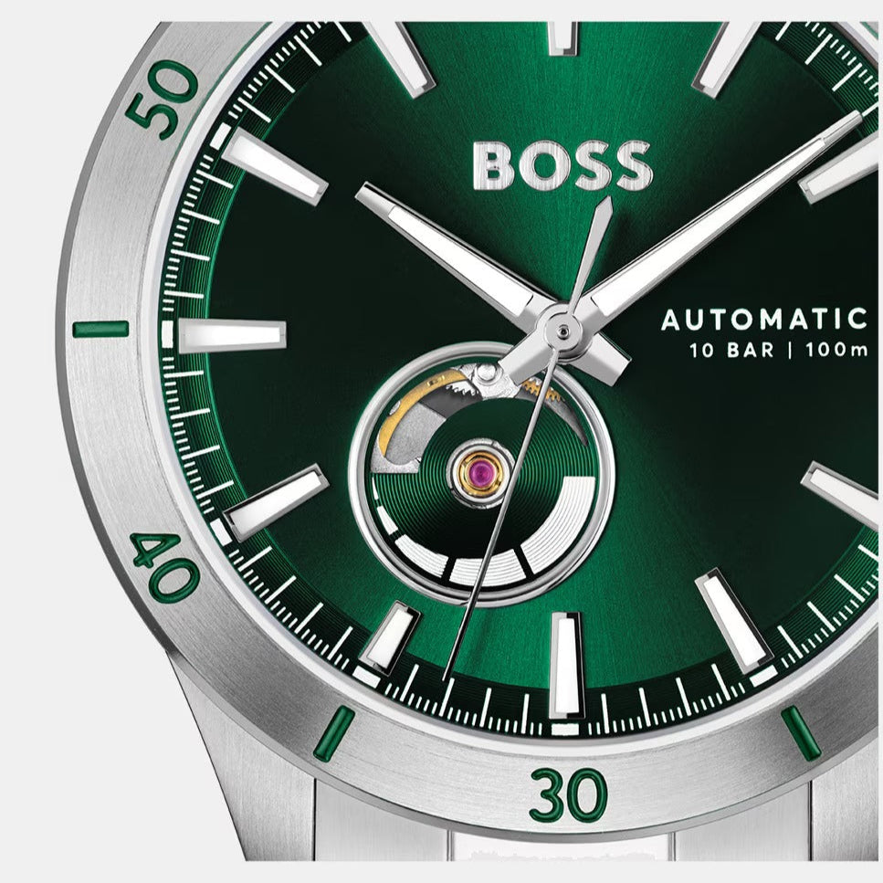 Hugo Boss Troper Automatic Chronograph Green Dial Silver Steel Strap Watch for Men - 1514200