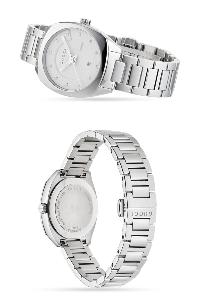 Gucci G Frame Quartz Diamonds Silver Dial Silver Steel Strap Watch For Women - YA142504