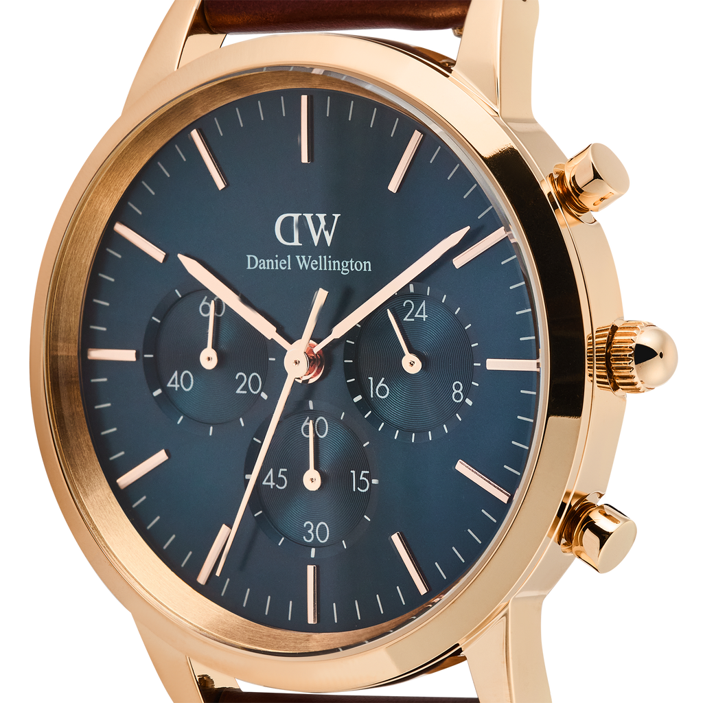 Daniel Wellington Iconic Chronograph Blue Dial Brown Leather Strap Watch For Men - DW00100639