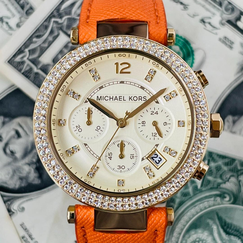 Michael Kors Parker Champagne Dial Orange Leather Strap Watch for Women - MK2279