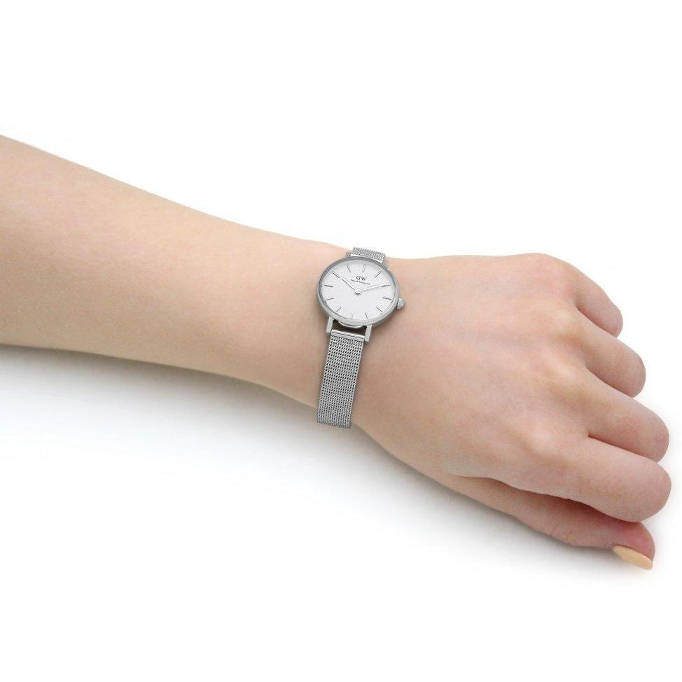 Daniel Wellington Classic Petite Sterling White Dial Silver Mesh Bracelet Watch for Women - DW00100442