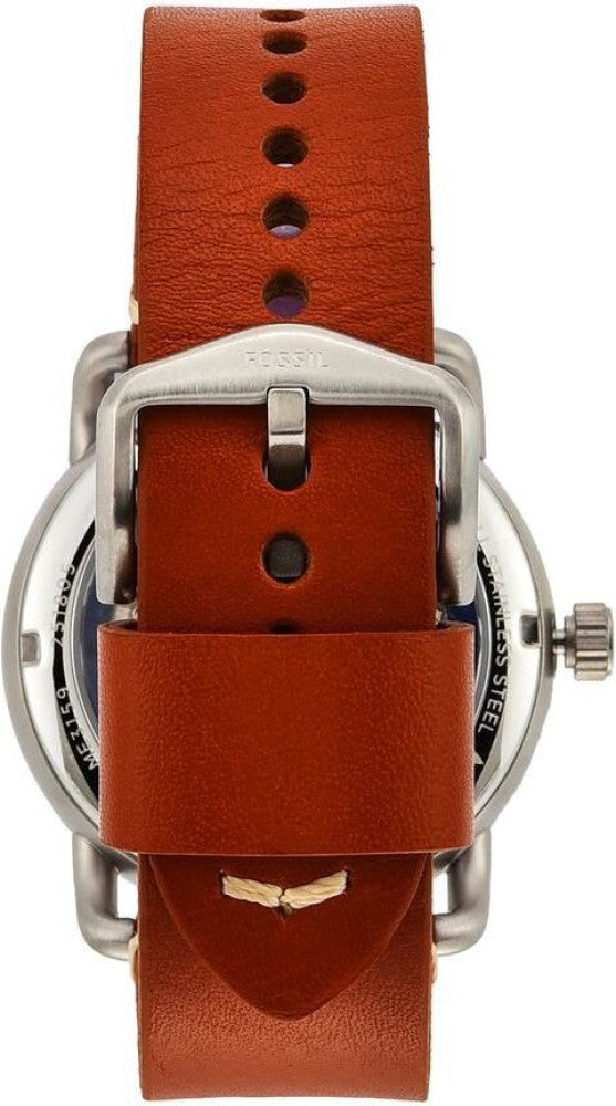 Fossil Commuter Automatic Skeleton Blue Dial Brown Leather Strap Watch for Men - ME3159