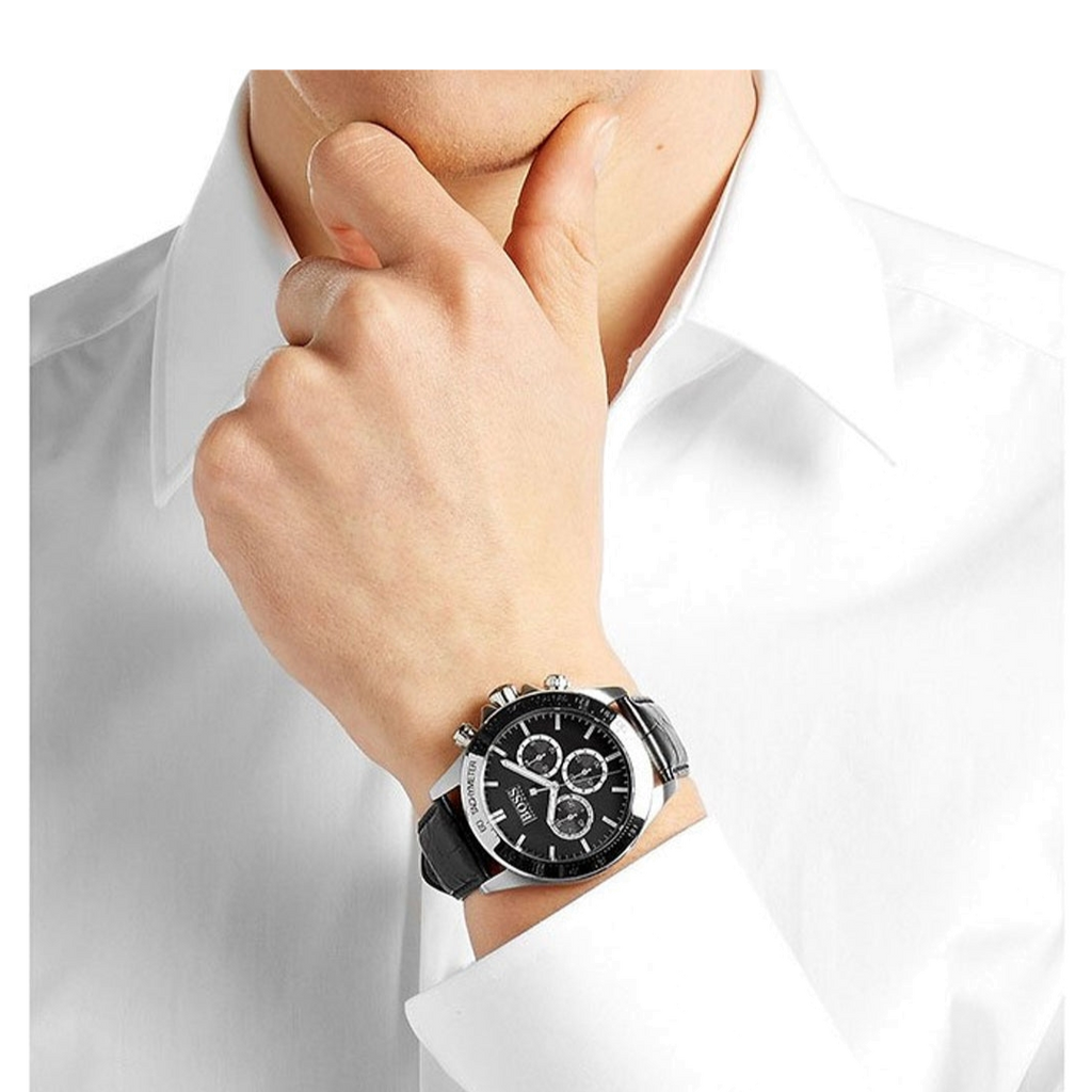 Hugo Boss Chronograph Black Dial Black Leather Strap Watch For Men - 1513266