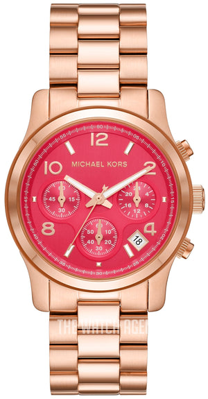 Michael Kors Runway Chronograph Pink Dial Rose Gold Steel Strap Watch For Women - MK7352