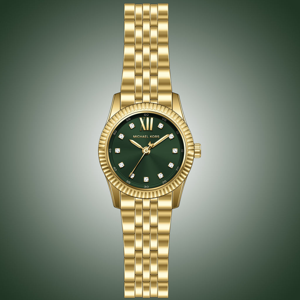 Michael Kors Lexington Pave Three-Hand Green Dial Gold Steel Strap Watch for Women - MK4842