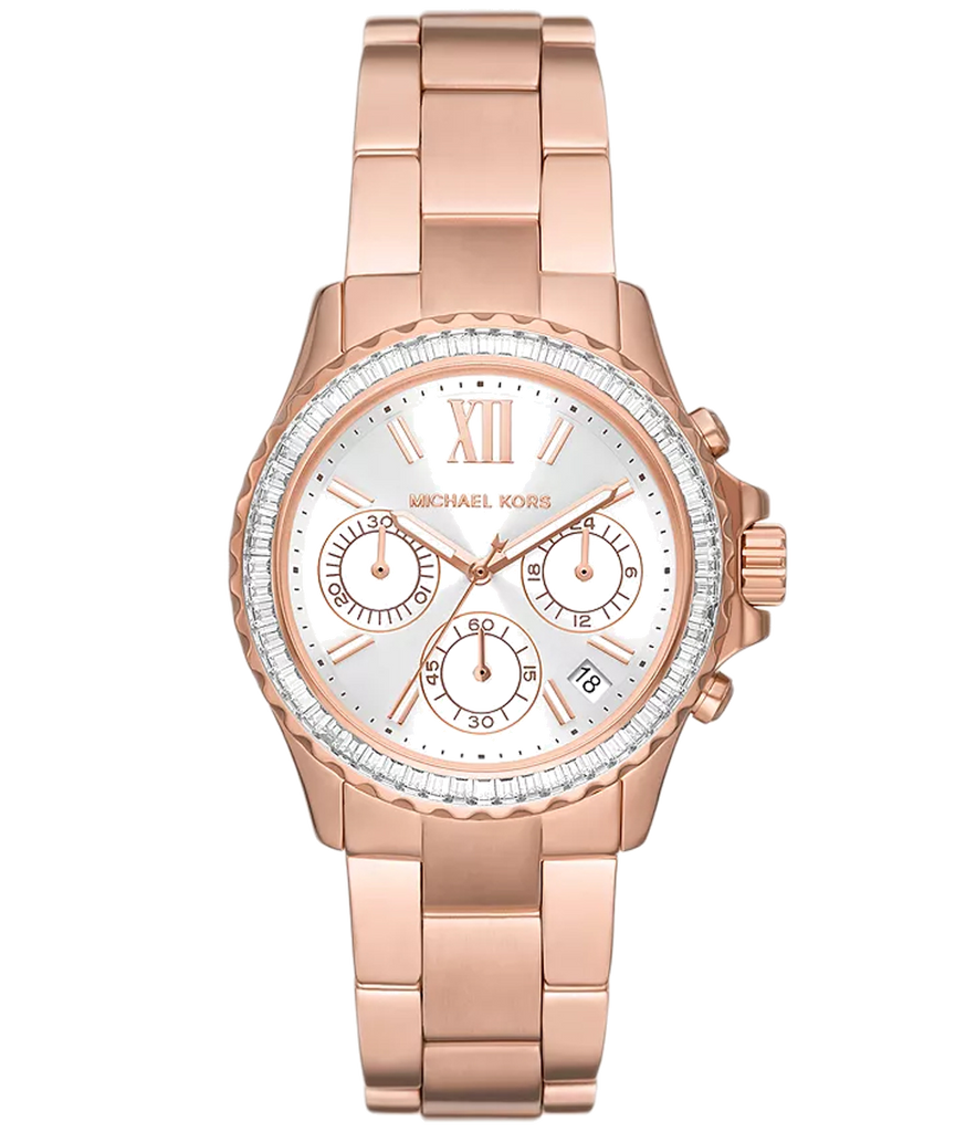 Michael Kors Everest Chronograph Silver Dial Rose Gold Steel Strap Watch For Women - MK7213