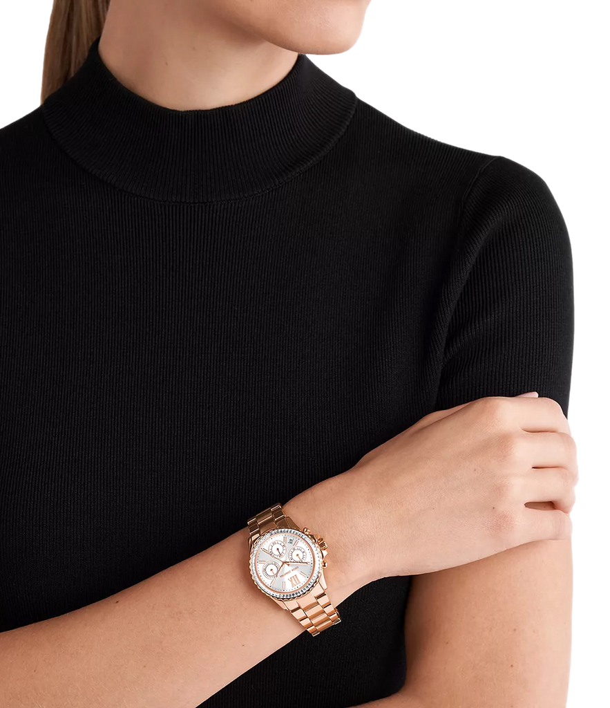 Michael Kors Everest Chronograph Silver Dial Rose Gold Steel Strap Watch For Women - MK7213