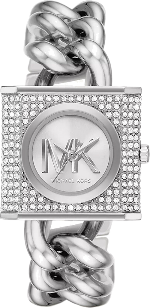 Michael Kors Chain Lock Pave Silver Dial Silver Steel Strap Watch For Women - MK4718