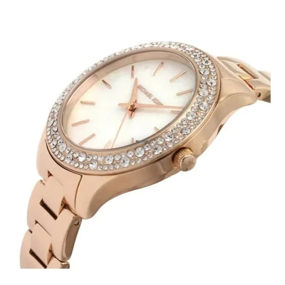 Michael Kors Lilane Three Hand Mother of Pearl White Dial Rose Gold Steel Strap Watch For Women - MK4557