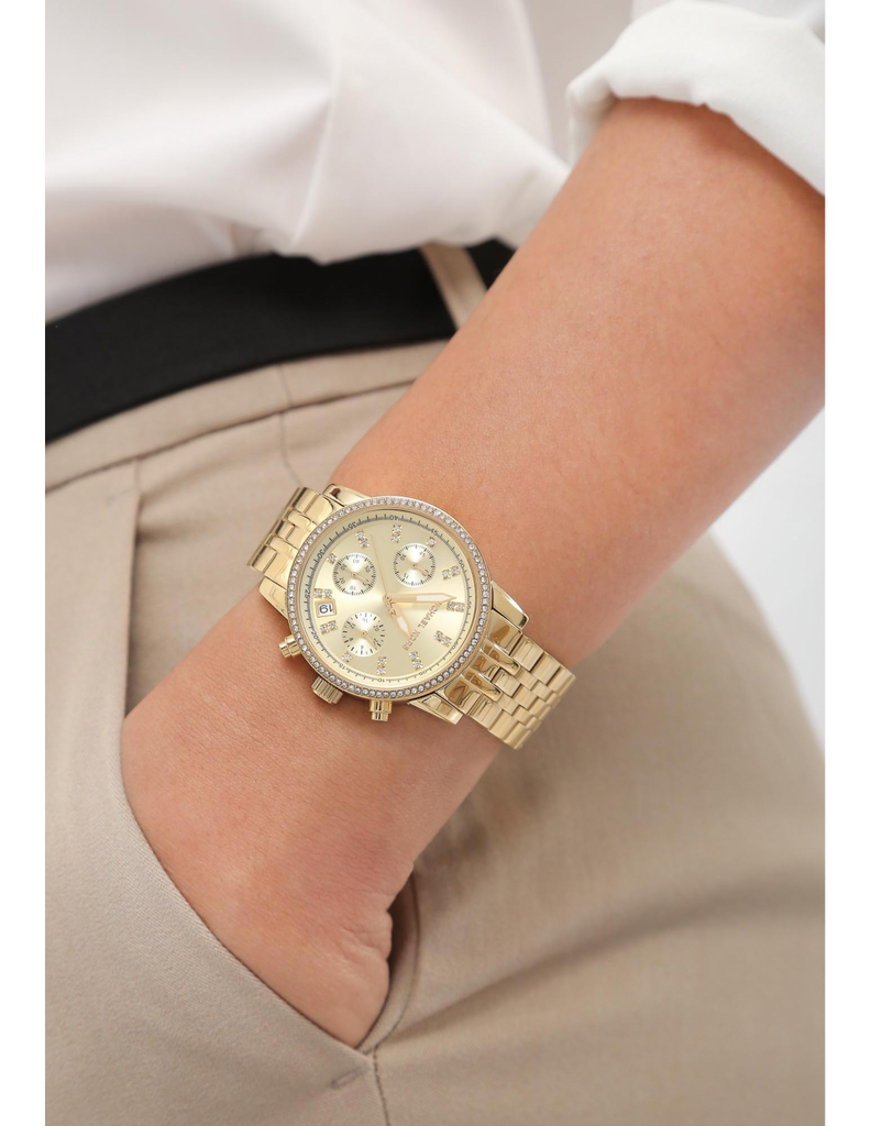Michael Kors Runway Chronograph Gold Dial Gold Steel Strap Watch For Women - MK5698