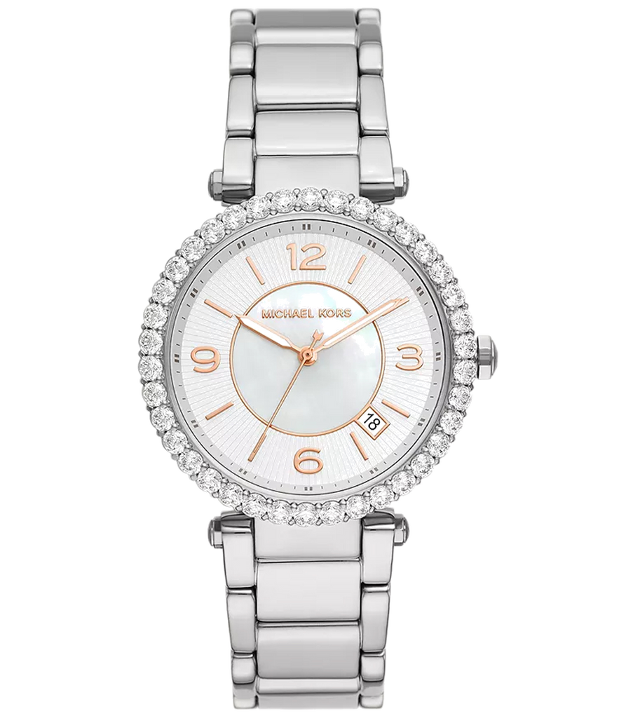 Michael Kors Parker Three Hand Mother of Pearl White Dial Silver Steel Strap Watch For Women - MK4694